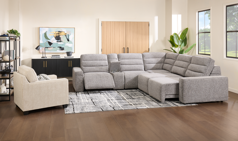 Shaquille O’Neal Home Prestige 6-Piece Sectional with Power Reclining and Power Sliding– Grey 