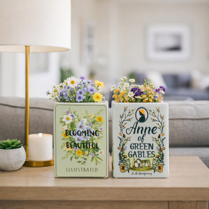 8.25” Set of 2 Ceramic Spring Book Vase – Green 