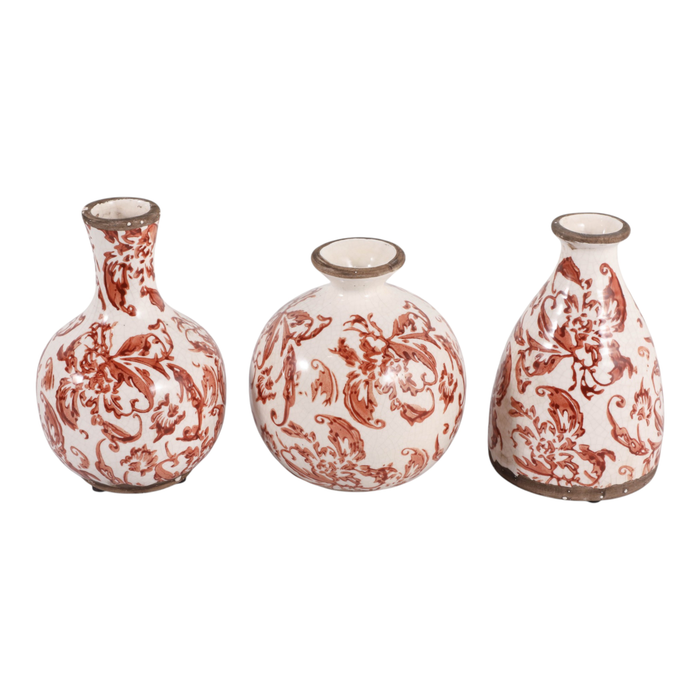 6.75” Set of 3 Ceramic Floral Cottage Bud Vases – Red and Ivory 
