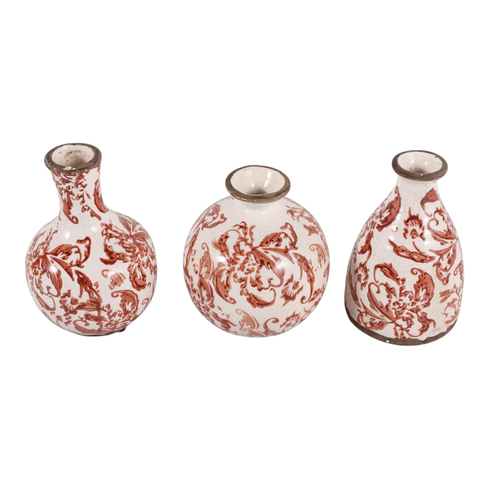 6.75” Set of 3 Ceramic Floral Cottage Bud Vases – Red and Ivory 