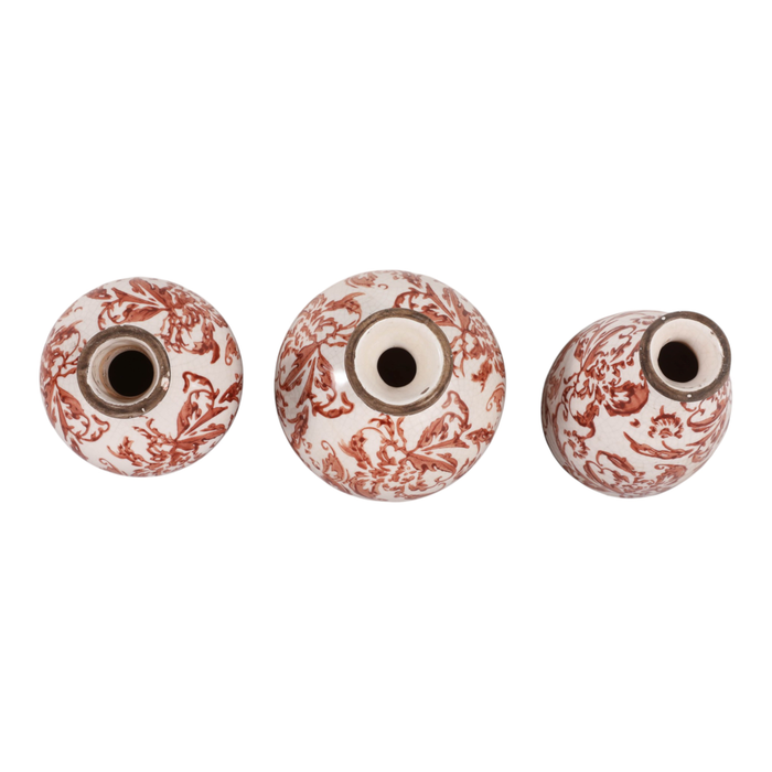 6.75” Set of 3 Ceramic Floral Cottage Bud Vases – Red and Ivory 