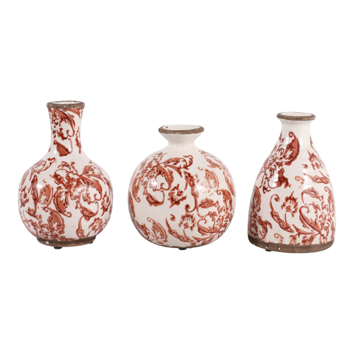 6.75” Set of 3 Ceramic Floral Cottage Bud Vases – Red and Ivory 