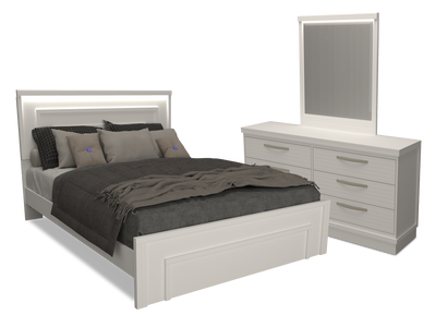 Alpine 5pc Bedroom Set with Panel Bed, Dresser & Mirror, LED, Made in Canada, White - Queen | Ensemble de chambre à coucher Alpine 5 pièces avec lit à panneaux, commode, miroir et éclairage à DEL, fabriqué au Canada, blanc - grand lit