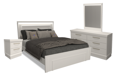 Alpine 6pc Bedroom Set with Panel Bed, Dresser, Mirror & Nightstand, White - Queen | Ensemble de chambre à coucher Alpine 6 pièces avec lit à panneaux, commode, miroir, table de nuit et éclairage, blanc - grand lit