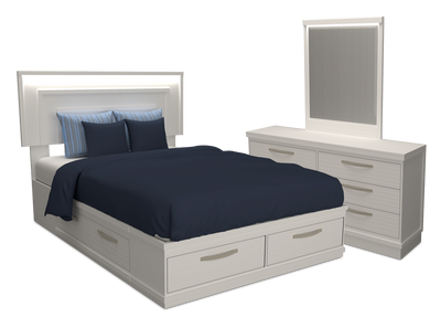 Alpine 5pc Bedroom Set with Storage Bed, Dresser & Mirror, Made in Canada, White - Full | Ensemble de chambre à coucher Alpine 5 pièces avec lit de rangement, commode, miroir et éclairage, fabriqué au Canada, blanc - lit double