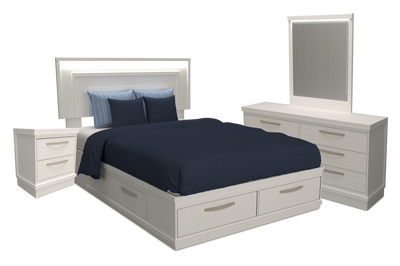 Alpine 6pc Bedroom Set with Storage Bed, Dresser, Mirror & Nightstand, White - Full | Ensemble de chambre à coucher Alpine 6 pièces avec lit de rangement, commode, miroir, table de nuit et éclairage, blanc - lit double