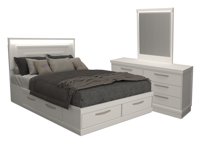 Alpine 5pc Bedroom Set with Storage Bed, Dresser & Mirror, Made in Canada, White - Queen | Ensemble de chambre à coucher Alpine 5 pièces avec lit de rangement, commode, miroir et éclairage, fabriqué au Canada, blanc - grand lit