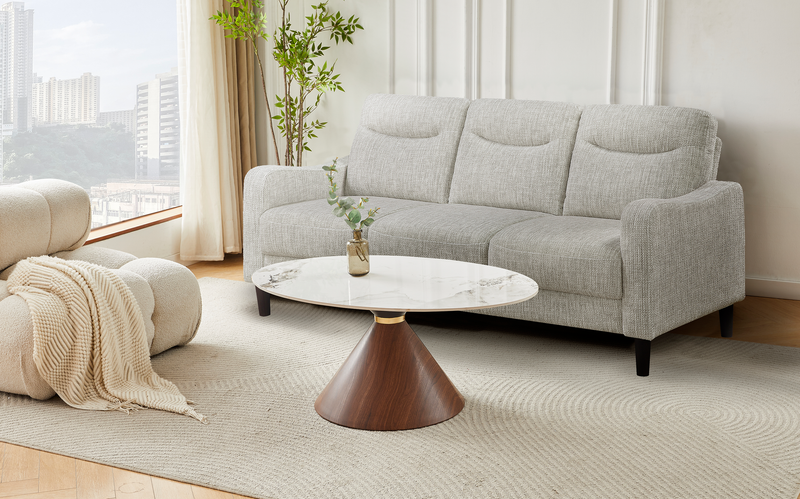 Alwin 40” Modern Oval Coffee Table with White Sintered Stone Top – Brown