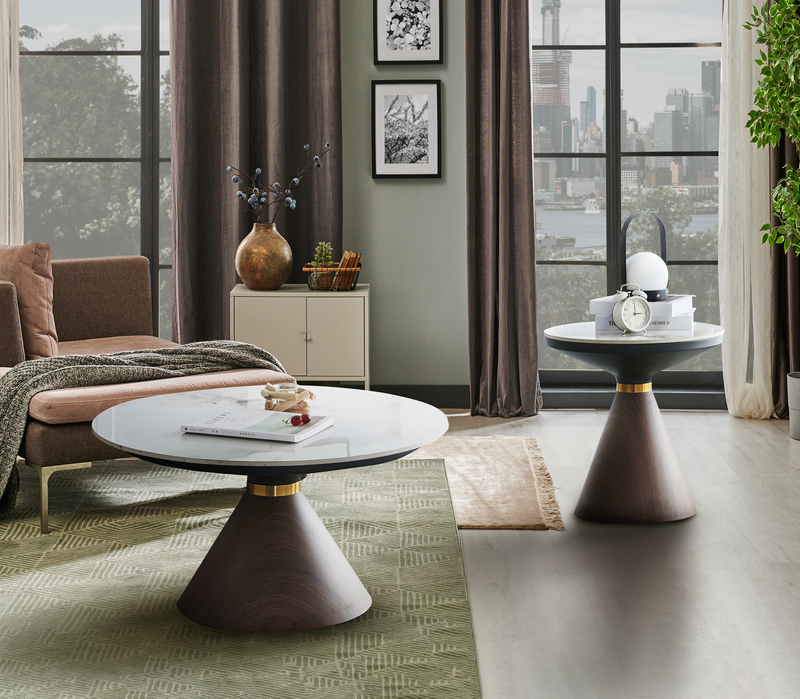 Alwin 40” Modern Oval Coffee Table with White Sintered Stone Top – Brown