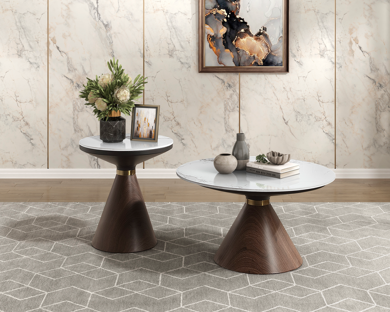 Alwin 40” Modern Oval Coffee Table with White Sintered Stone Top – Brown