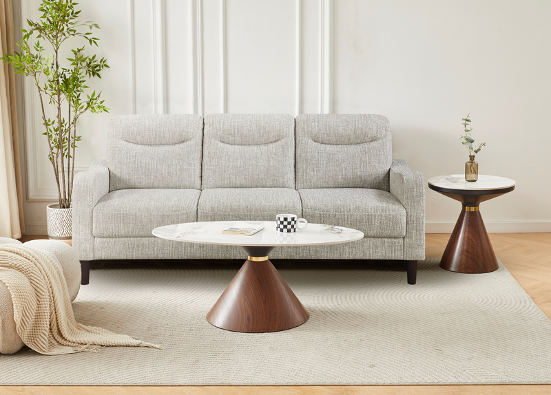 Alwin 40” Modern Oval Coffee Table with White Sintered Stone Top – Brown