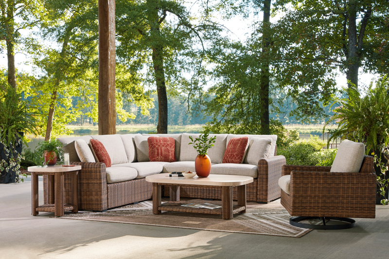 Banff Outdoor Patio Swivel Chair - Resin Wicker, Aluminum & Nuvella Fabric - Brown/Beige