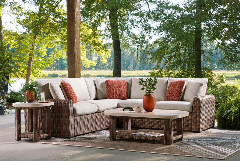 Banff Outdoor Patio End Table - Resin Wicker & Aluminum, Weather Resistant - Brown/Beige