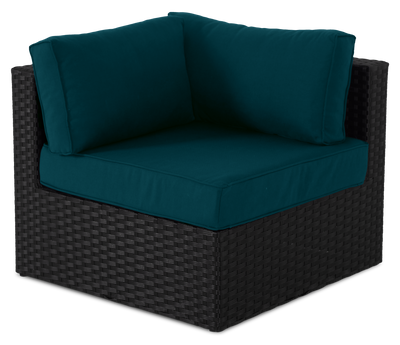 Barbados Corner Outdoor Patio Chair - Hand-Woven Resin Wicker, UV & Weather Resistant - Black/Blue | Fauteuil en coin Barbados pour la terrasse à l’extérieur - osier en résine tressé à la main, résistant aux rayons UV et aux intempéries - noir et bleu