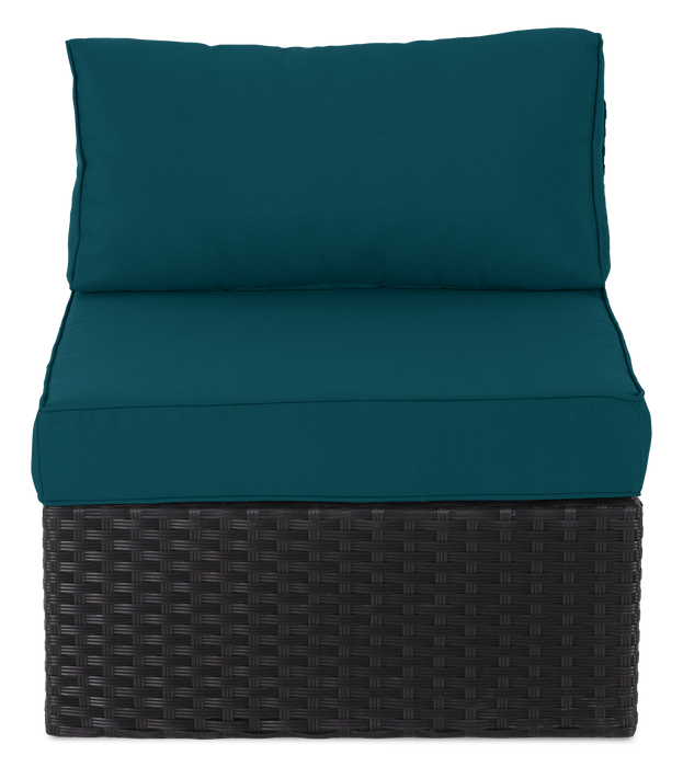 Barbados 6-Piece Outdoor Patio Set with 3 Corner Chairs, 2 Armless Chairs & Ottoman - Hand-Woven Resin Wicker, UV & Weather Resistant - Black/Blue
