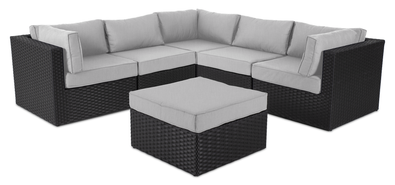 Barbados 6-Piece Outdoor Patio Set with 3 Corner Chairs, 2 Armless Chairs & Ottoman - Hand-Woven Resin Wicker, UV & Weather Resistant - Black/Grey