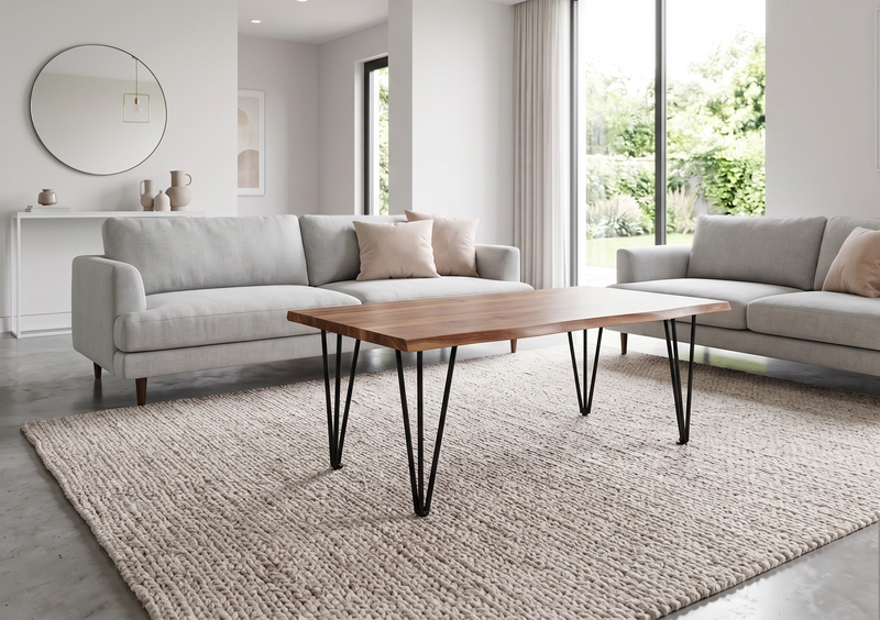 Dillion 45” Industrial Coffee Table with Iron Hairpin Legs – Natural Acacia