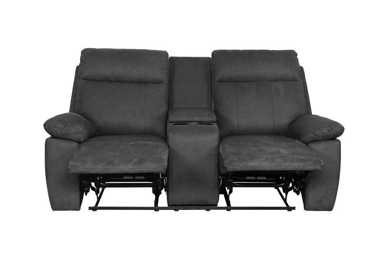 Eddie 71.7\" Contemporary Faux Suede Manual Reclining Loveseat with Storage Console – Dark Grey 