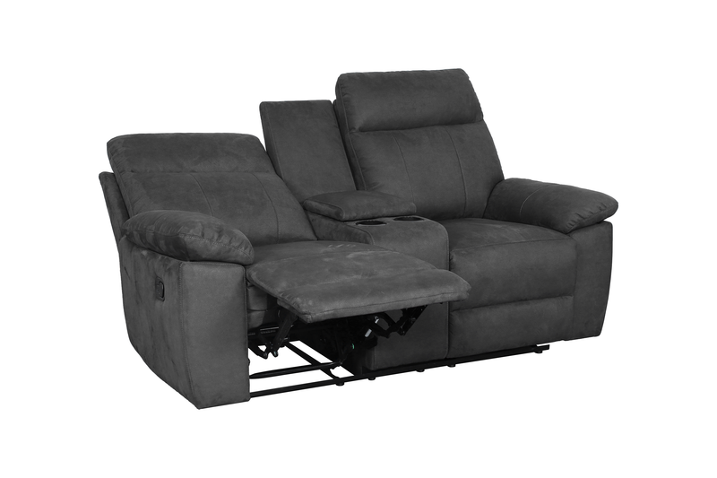 Eddie 71.7\" Contemporary Faux Suede Manual Reclining Loveseat with Storage Console – Dark Grey 