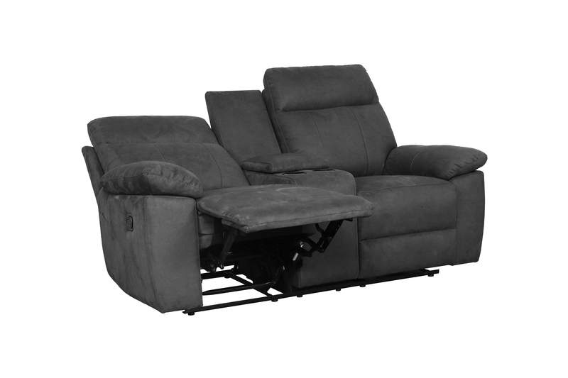 Eddie 71.7\" Contemporary Faux Suede Manual Reclining Loveseat with Storage Console – Dark Grey 