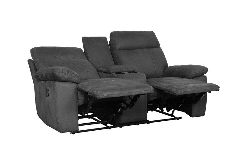 Eddie 71.7\" Contemporary Faux Suede Manual Reclining Loveseat with Storage Console – Dark Grey 