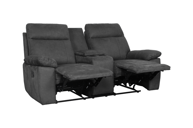 Eddie 71.7\" Contemporary Faux Suede Manual Reclining Loveseat with Storage Console – Dark Grey 