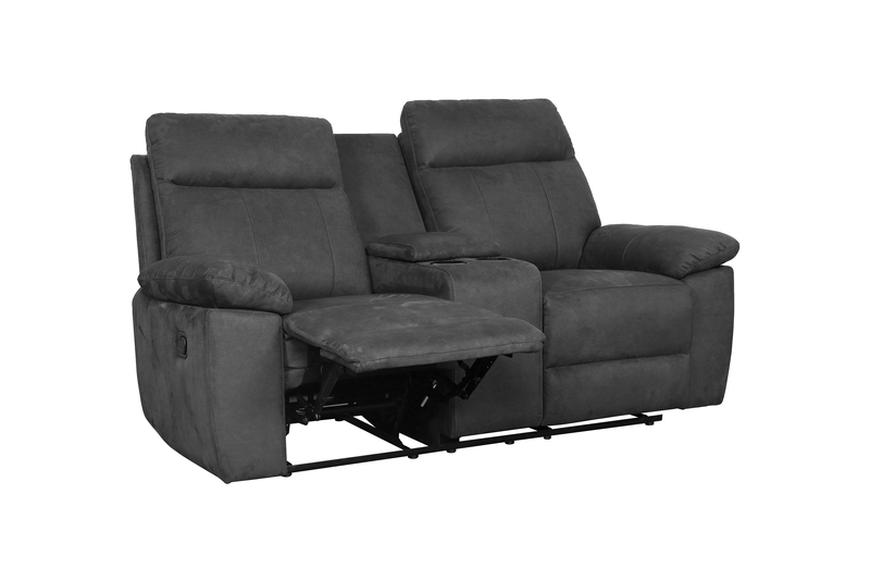 Eddie 71.7\" Contemporary Faux Suede Manual Reclining Loveseat with Storage Console – Dark Grey 