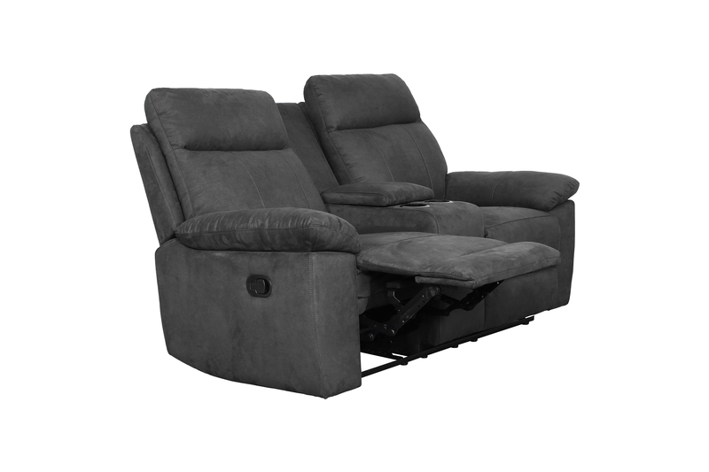 Eddie 71.7\" Contemporary Faux Suede Manual Reclining Loveseat with Storage Console – Dark Grey 