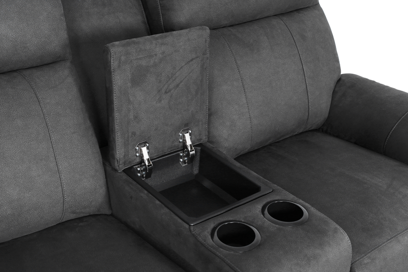 Eddie 71.7\" Contemporary Faux Suede Manual Reclining Loveseat with Storage Console – Dark Grey 