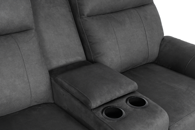 Eddie 71.7\" Contemporary Faux Suede Manual Reclining Loveseat with Storage Console – Dark Grey 