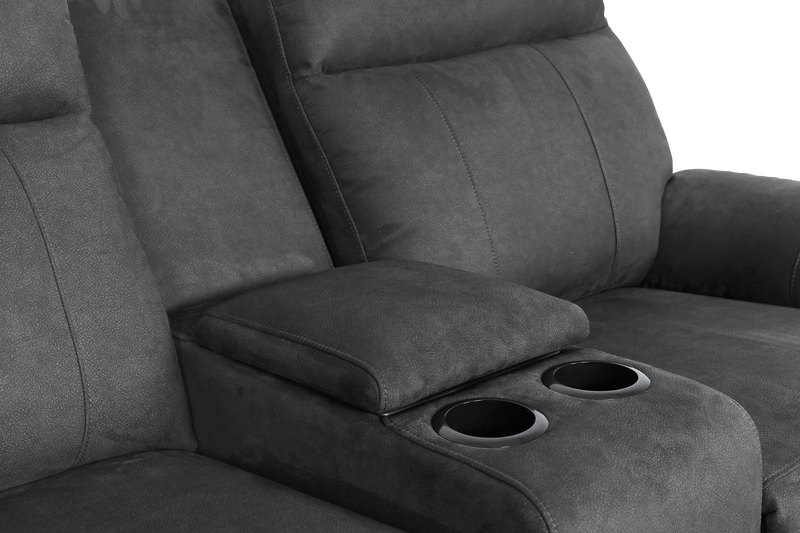 Eddie 71.7\" Contemporary Faux Suede Manual Reclining Loveseat with Storage Console – Dark Grey 
