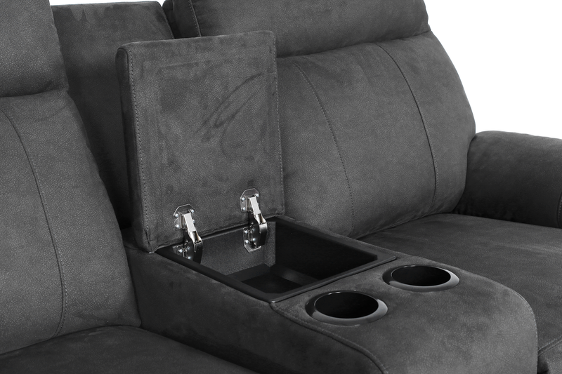 Eddie 71.7\" Contemporary Faux Suede Manual Reclining Loveseat with Storage Console – Dark Grey 