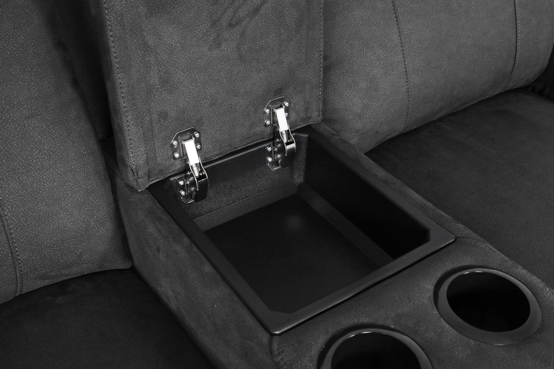 Eddie 71.7\" Contemporary Faux Suede Manual Reclining Loveseat with Storage Console – Dark Grey 