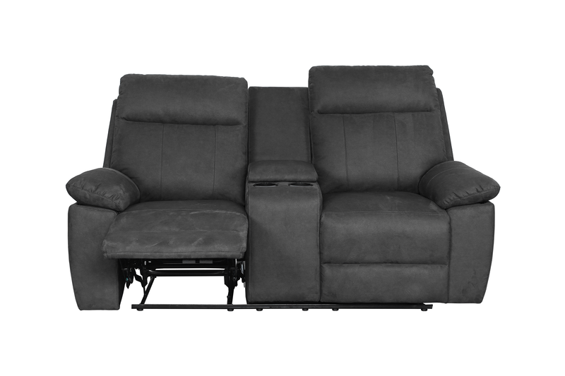 Eddie 71.7\" Contemporary Faux Suede Manual Reclining Loveseat with Storage Console – Dark Grey 