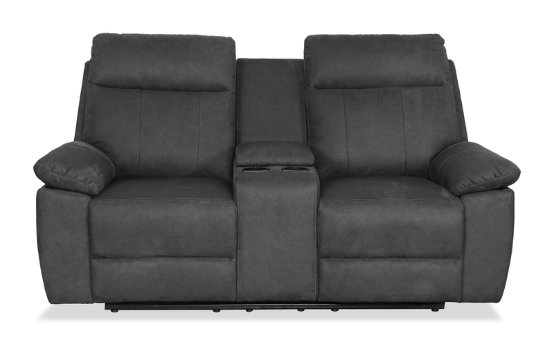 Eddie 71.7\" Contemporary Faux Suede Manual Reclining Loveseat with Storage Console – Dark Grey 