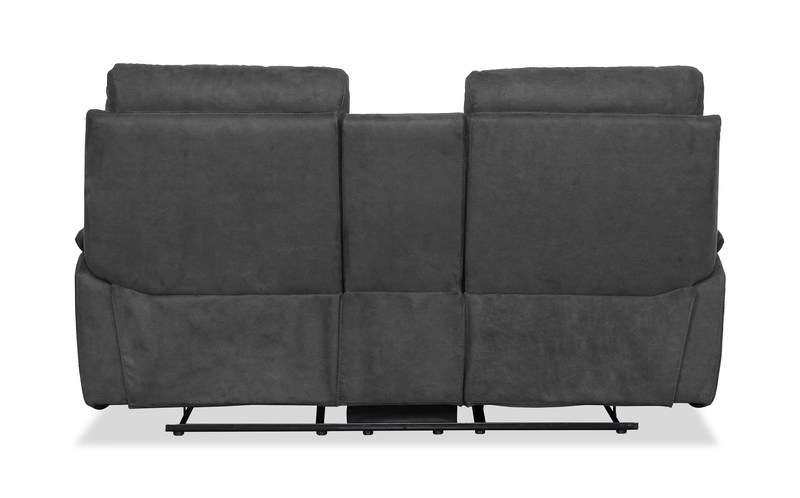 Eddie 71.7\" Contemporary Faux Suede Manual Reclining Loveseat with Storage Console – Dark Grey 