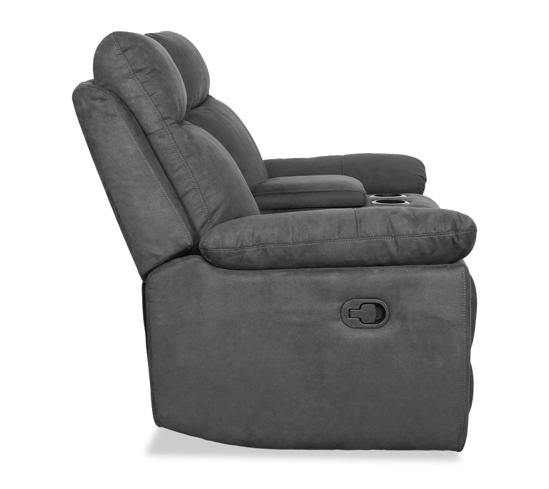 Eddie 71.7\" Contemporary Faux Suede Manual Reclining Loveseat with Storage Console – Dark Grey 