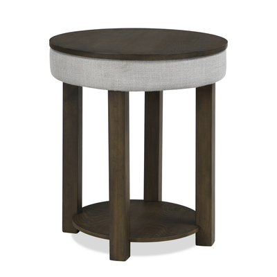 Elroy 21" Rustic Round Lift Top End Table With Shelf  - Brown and Grey with Fabric Edge | Table de bout ronde rustique Elroy de 21 po avec dessus relevable et tablette - brune et grise avec bordure en tissu