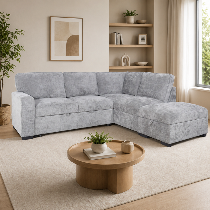 Emerie 3-Piece Right-Facing Chenille Sleeper Sectional with Storage Ottoman – Grey