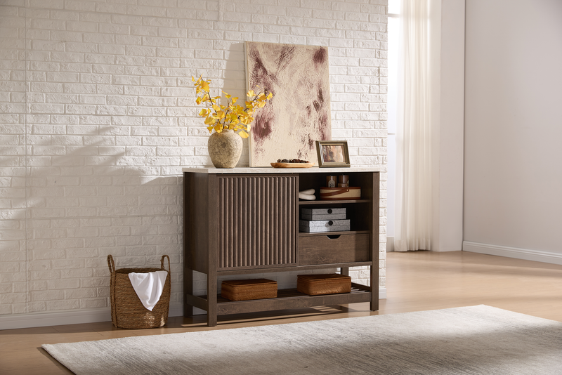Essex 47.25” 3-Shelf Accent Cabinet with Sliding Door – Walnut Oak