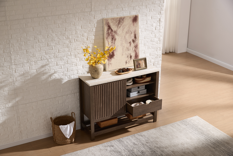 Essex 47.25” 3-Shelf Accent Cabinet with Sliding Door – Walnut Oak