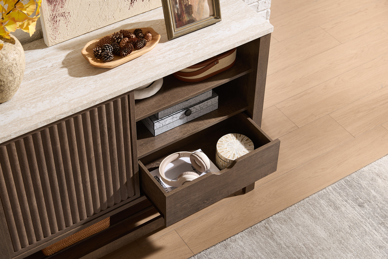 Essex 47.25” 3-Shelf Accent Cabinet with Sliding Door – Walnut Oak