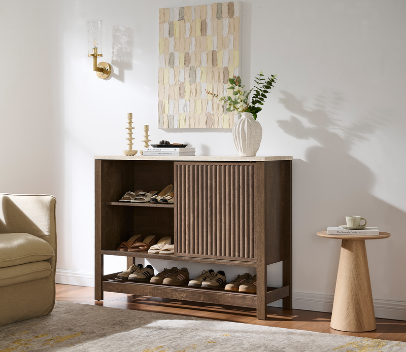 Essex 47.25” 3-Shelf Accent Cabinet with Sliding Door – Walnut Oak