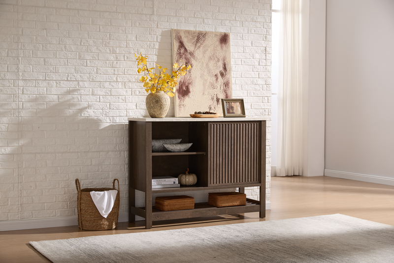 Essex 47.25” 3-Shelf Accent Cabinet with Sliding Door – Walnut Oak
