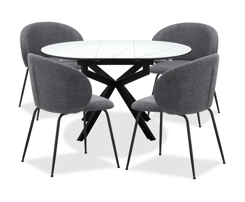 Evita 5pc Dining Set, Table & 4 Grey Chairs, Sintered Stone, 41-54\"W Extension - Grey/Black