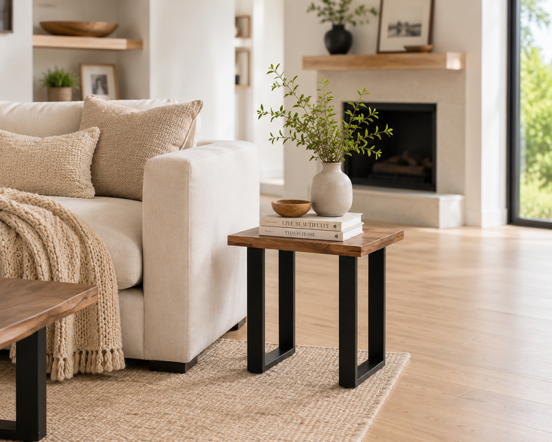 Fletcher 24” Contemporary End Table with Iron Frame - Brownstone