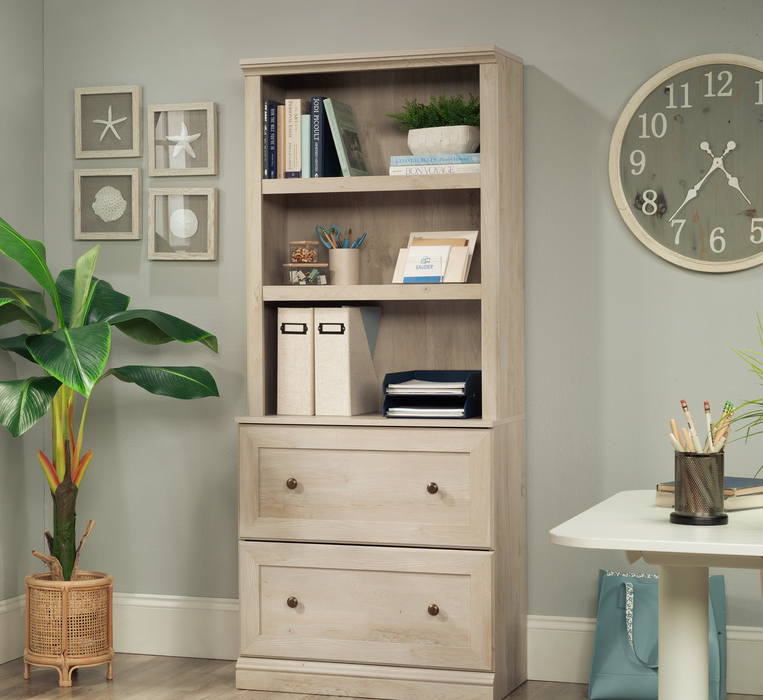 Goodwin 29.06” Modern 2-Shelf Bookcase with Drawers – Chalked Chestnut