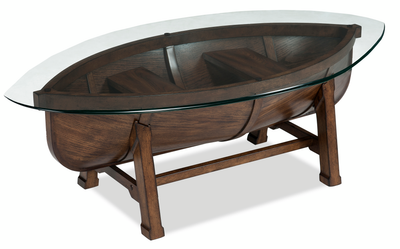 Hatfield 52” Eclectic Coffee Table with Glass Top and Canoe-Base – Dark Oak | Table à café éclectique Hatfield de 52 po avec dessus en verre et base de style canoë - chêne foncé