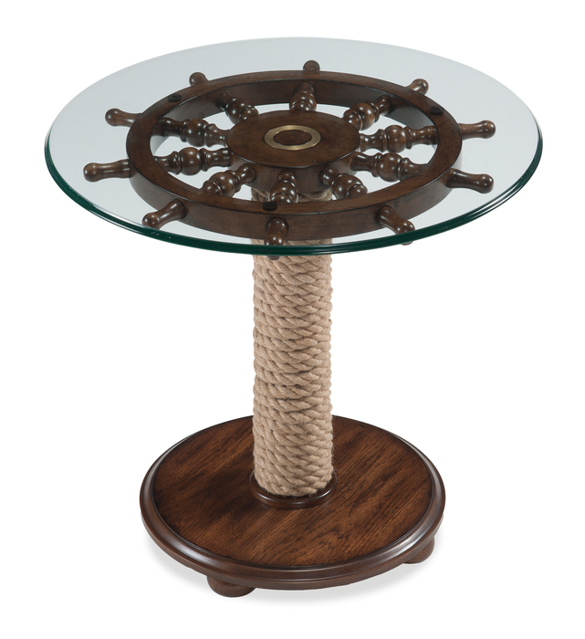 Hatfield 26\" Eclectic Accent Table with Glass Top & Wood Base with Wheel Top – Dark Oak