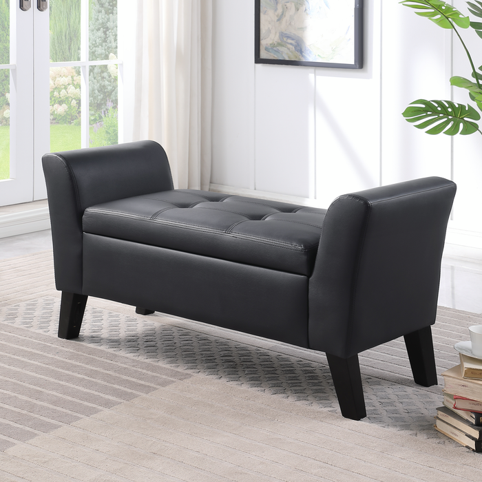 Kohen 46.75\" Contemporary Leather-Look Fabric Bench with Storage – Black